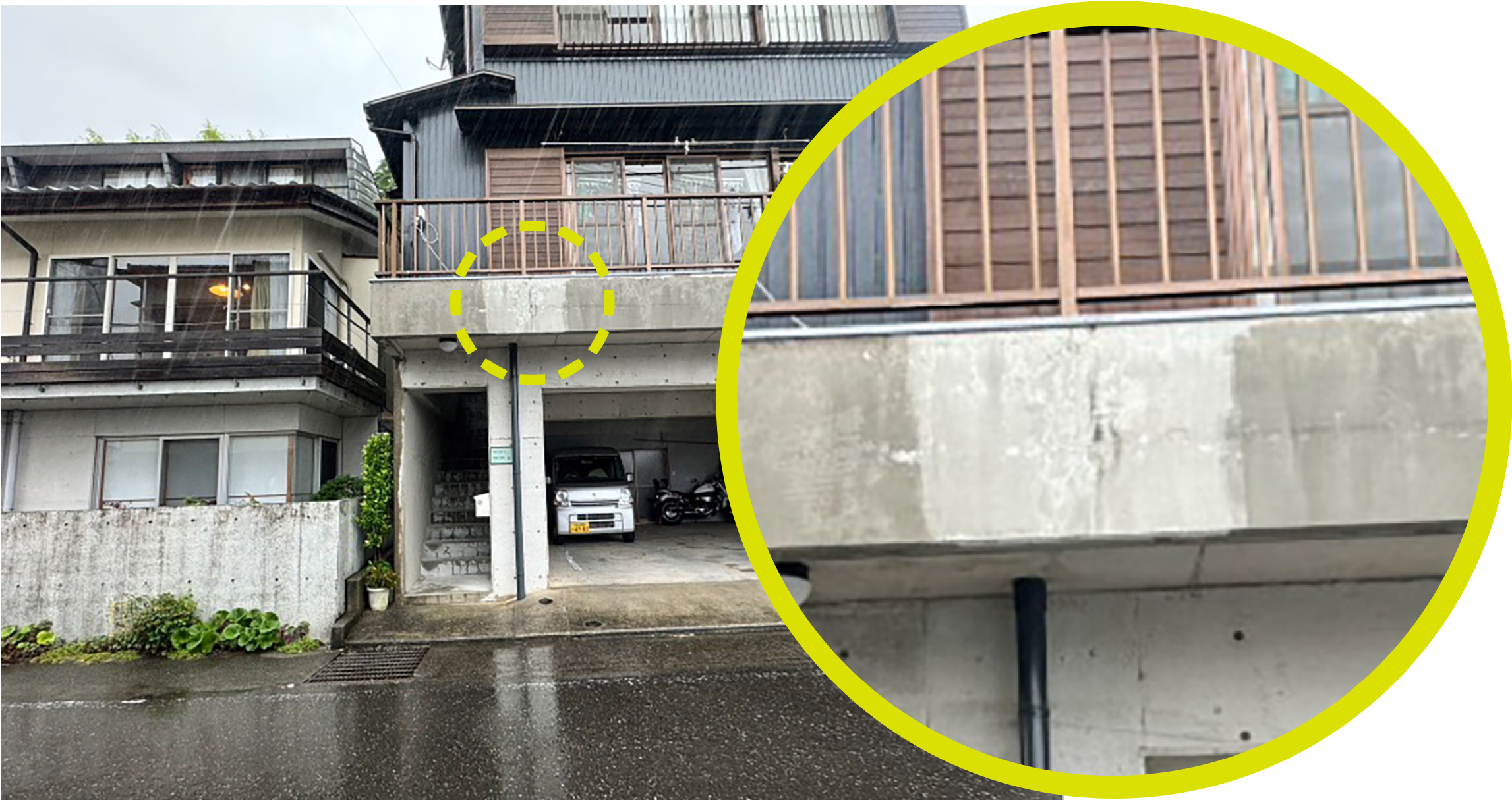 撥水コートを塗ったところだけ
            雨が染み込んでいない写真